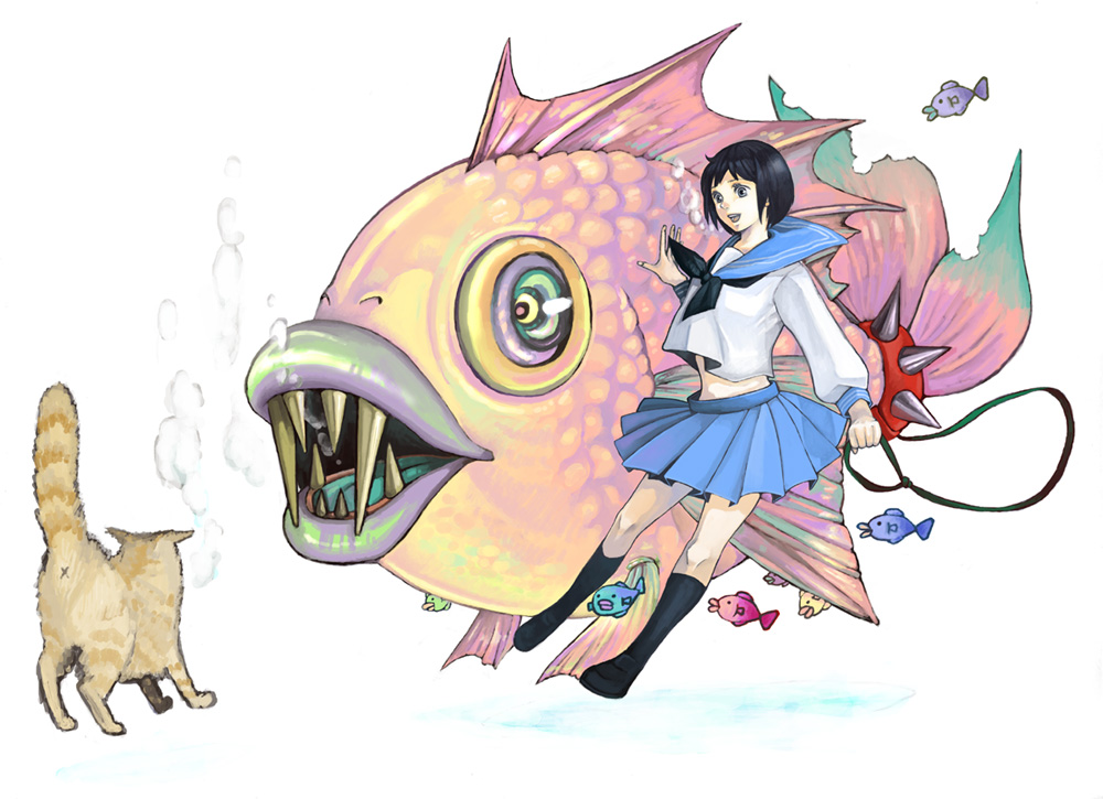 noja, original, animal, black hair, cat, collar, fish, leash, pet, school uniform, serafuku, short hair, skirt, socks, solo, spikes