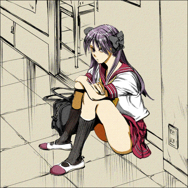 shuffle (inoue), hiiragi kagami, lucky star, 00s, 1girl, dithering, female focus, moire, purple hair, ribbon, school uniform, serafuku, sitting, solo, twintails