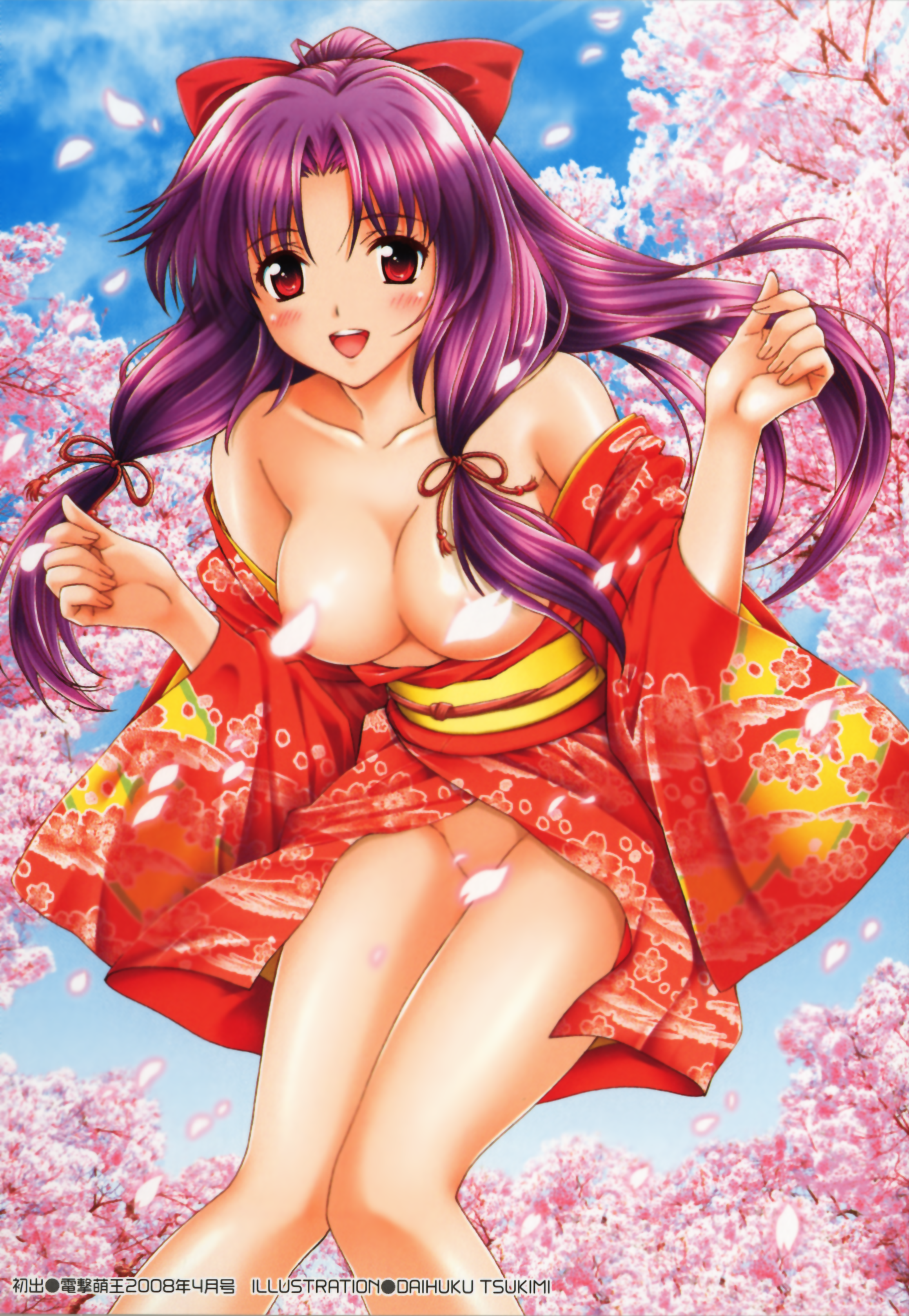 tsukimi daifuku, absurdres, highres, 1girl, 2008, censored, censored nipples, cherry blossoms, convenient censoring, day, female focus, japanese clothes, kimono, long hair, naked kimono, no bra, no panties, open clothes, open shirt, petal censor, petals, purple hair, red eyes, red kimono, ribbon, shirt, solo, yukata