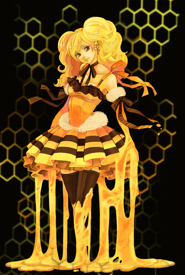 noja, original, 1girl, bee, black background, black thighhighs, blonde hair, bug, dress, earrings, elbow gloves, female focus, gloves, honey, honeycomb (pattern), honeycomb background, honeycomb pattern, insect, jewelry, ribbon, skirt, smile, solo, thighhighs, twintails, yellow gloves, yellow theme, zettai ryouiki