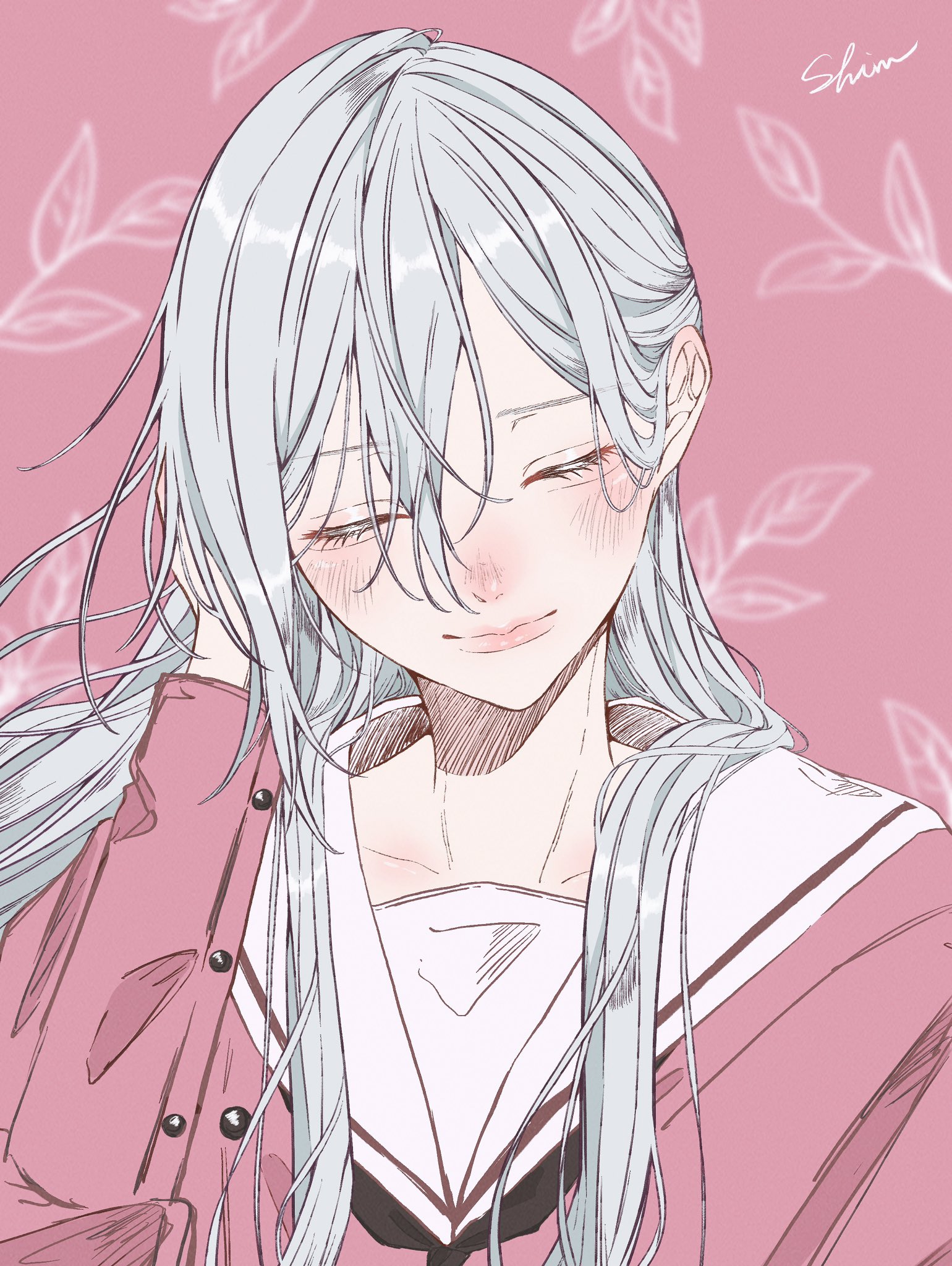 shim 46, hoshina subaru, kaoru hana wa rin to saku, highres, 1girl, arm behind head, artist name, black neckerchief, blush, closed eyes, closed mouth, facing viewer, grey hair, hand in own hair, long hair, long sleeves, neckerchief, pink background, red shirt, sailor collar, shirt, smile, solo, upper body, very long hair, white sailor collar