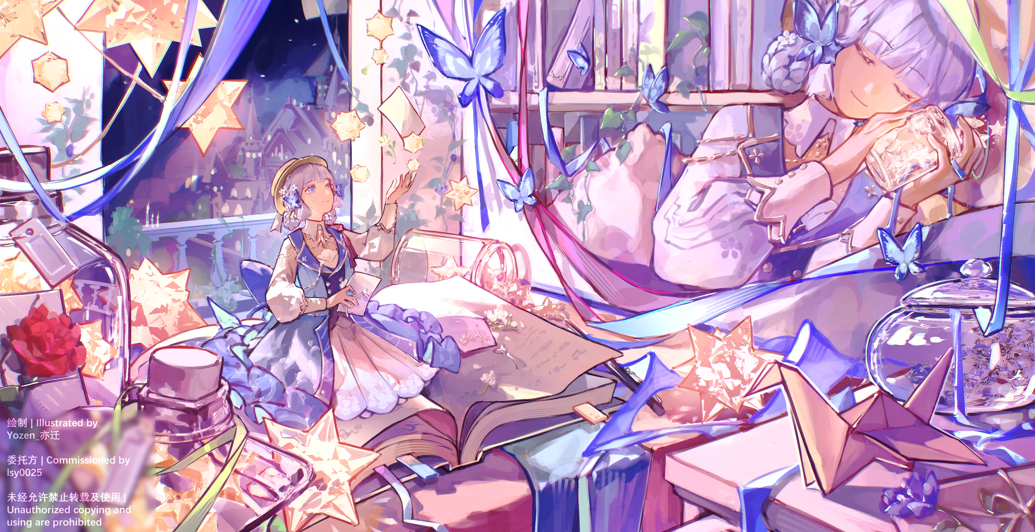 ayaka (genshin impact), kamisato ayaka, kamisato ayaka (springbloom missive), genshin impact, absurdres, commentary request, commission, highres, 1girl, architecture, artist name, back bow, blue bow, blue dress, blue eyes, blue hair, blunt bangs, blunt tresses, book, bookmark, bookshelf, bow, braid, brown hat, butterfly hair ornament, closed eyes, closed mouth, collar, dress, flower, frills, hair ornament, hair up, hand up, hat, holding, holding jar, holding paper, indoors, jar, long sleeves, multiple views, night, night sky, official alternate costume, official alternate hairstyle, open book, origami, paper, paper crane, pink ribbon, puffy long sleeves, puffy sleeves, ribbon, sitting, sky, smile, wariza, white collar, white ribbon, window, yozen