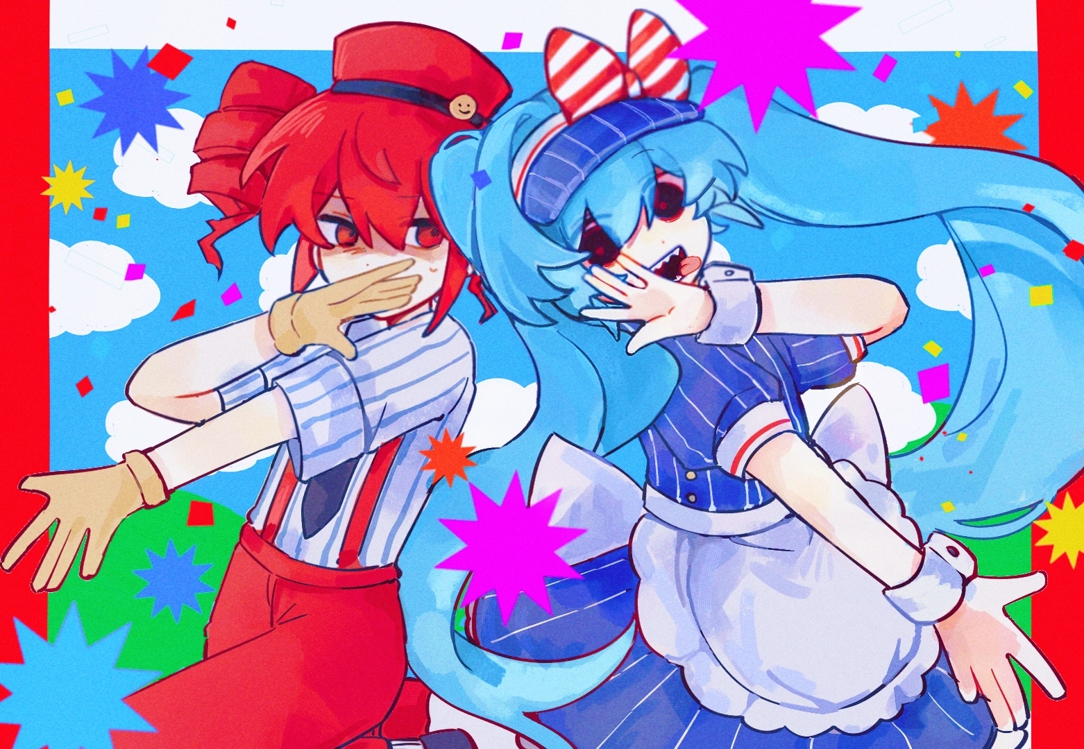 gongs0313, hatsune miku, kasane teto, mesmerizer (vocaloid), utau, vocaloid, commentary, symbol-only commentary, 2girls, ||/, apron, back-to-back, back bow, bare arms, black eyes, black mouth, black necktie, black shoes, blue dress, blue hair, blue hat, blue shirt, blue sky, bow, bright pupils, buttons, cloud, confetti, covered mouth, cowboy shot, day, diagonal-striped bow, double-parted bangs, dress, drill hair, floating hair, frilled apron, frills, gloves, hair between eyes, hair intakes, hand up, hat, long hair, looking at another, looking at viewer, looking back, multiple girls, necktie, outdoors, outside border, outstretched arm, pale skin, pants, pinstripe dress, pinstripe pattern, puffy short sleeves, puffy sleeves, red bow, red eyes, red hair, red hat, red pants, red pupils, shaded face, sharp teeth, shirt, shoes, short dress, short hair, short sleeves, sideways glance, simple background, sky, standing, standing on one leg, striped bow, striped clothes, striped shirt, suspenders, teeth, tongue, tongue out, twin drills, twintails, two-tone bow, two-tone shirt, vertical-striped clothes, vertical-striped shirt, very long hair, visor cap, waist apron, white apron, white bow, white shirt, wristband, yellow gloves