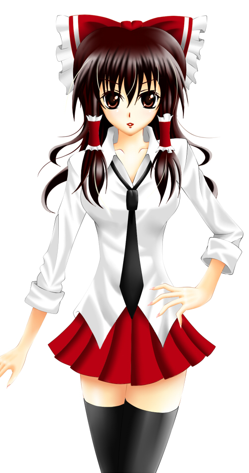 hakurei reimu, touhou, bad id, bad pixiv id, 1girl, alternate costume, bad anatomy, brown eyes, brown hair, female focus, poorly drawn, school uniform, serafuku, solo, thighhighs