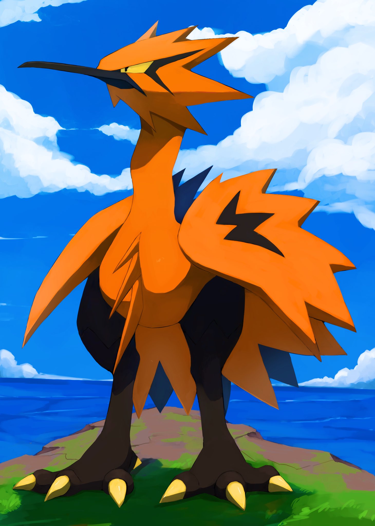 kou11021301, galarian zapdos, nintendo, pokemon, highres, animal focus, beak, bird, blue sky, cliff, closed mouth, cloud, colored sclera, full body, galarian form, gen 8 pokemon, legendary pokemon, no humans, ocean, outdoors, pokemon (creature), pokemon focus, sky, solo, standing, talons, water, wings, yellow eyes
