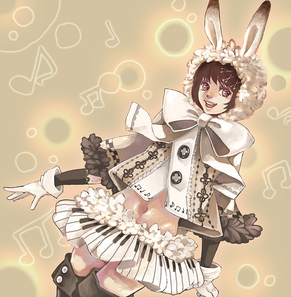 noja, original, animal ears, boots, bow, brown hair, gloves, hair ornament, hairpin, happy, hood, hoodie, instrument, midriff, piano, piano print, rabbit ears, short hair, skirt, smile, solo