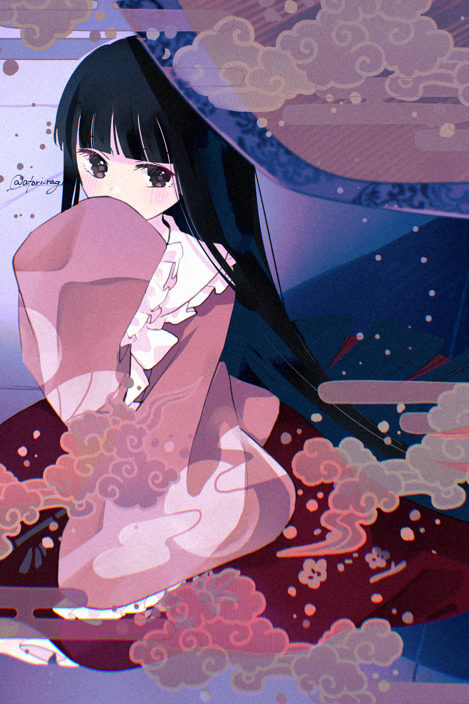 katsuragi atori, houraisan kaguya, touhou, commentary request, highres, 1girl, black hair, blush, collared shirt, covering own mouth, egasumi, frilled shirt collar, frilled sleeves, frills, long hair, long sleeves, looking at viewer, pink shirt, red skirt, shirt, skirt, sleeves past fingers, sleeves past wrists, solo, twitter username, very long hair, wide sleeves