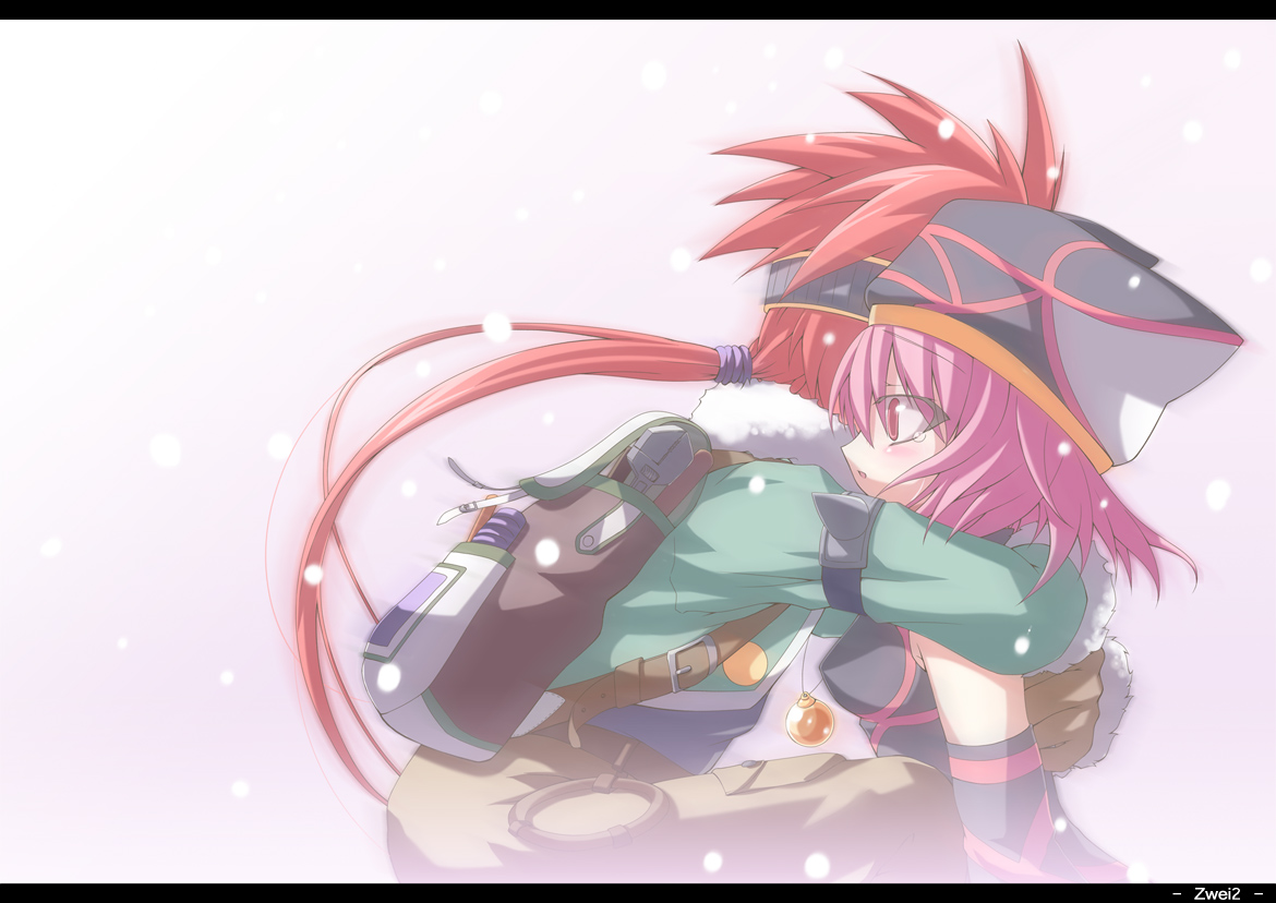 yosugara shou, exmachina, ragna valentine, shou, zwei!!, zwei 2, bad id, bad pixiv id, 1boy, 1girl, backpack, bag, hat, hetero, hug, letterboxed, pink hair, red hair, snowing, tears