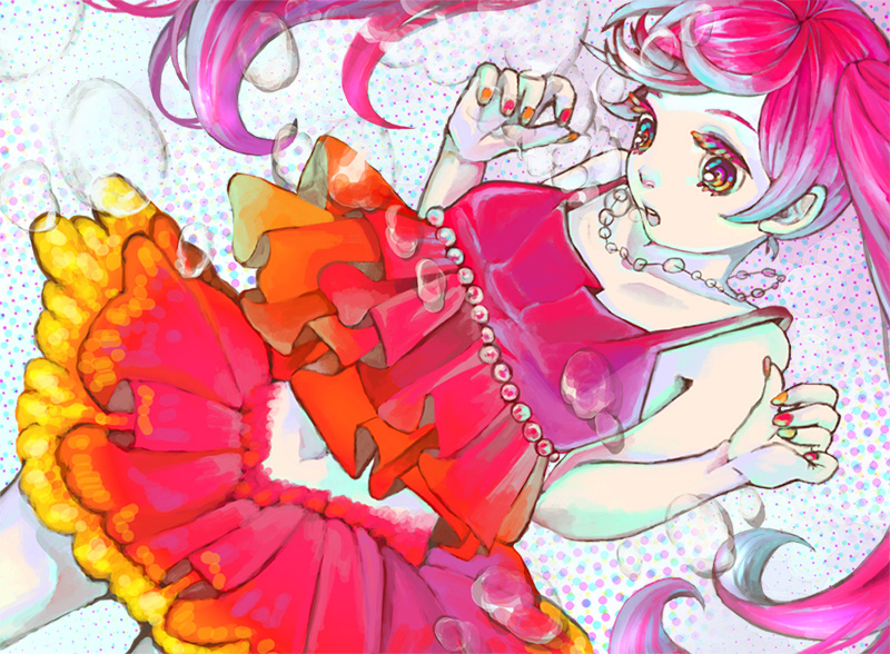 noja, original, bubble, fingernails, frills, gem, nail (hardware), nail polish, pearl (gemstone), pink eyes, pink hair, skirt, tank top, twintails