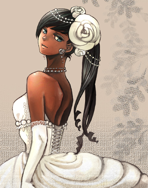 noja, original, 1girl, bare shoulders, black hair, blue eyes, bride, corset, dark-skinned female, dark skin, dress, earrings, female focus, flower, gem, gloves, hair ornament, jewelry, long hair, looking at viewer, pearl (gemstone), ponytail, rose, solo, wedding dress, white flower, white rose