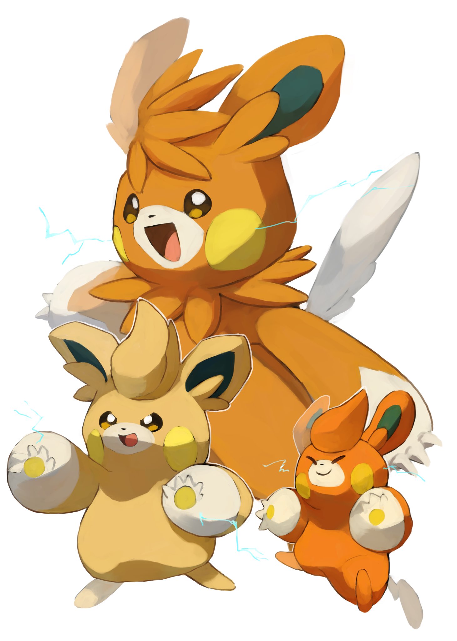 kou11021301, pawmi, pawmo, pawmot, nintendo, pokemon, highres, animal focus, brown eyes, closed eyes, closed mouth, electricity, evolutionary line, no humans, open mouth, orange fur, pokemon (creature), pokemon focus, simple background, smile, tail, white background, yellow fur