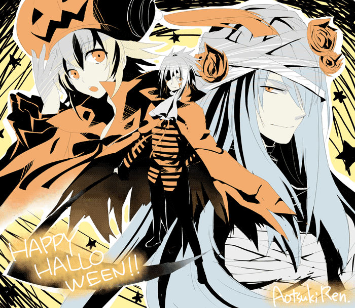 aoi tsuki hasu, atoli, endrance, endrance (.hack//), haseo, haseo (.hack//), .hack//, .hack//g.u., .hack//games, bandai, cyber connect 2, 00s, 1girl, 2boys, :o, artist name, comic, expressionless, flower, halloween, happy halloween, helmet, jack-o'-lantern, long hair, looking at viewer, multiple boys, orange rose, parted lips, pumpkin, pumpkin hat, rose, sidelocks, silent comic, upper body, very long hair