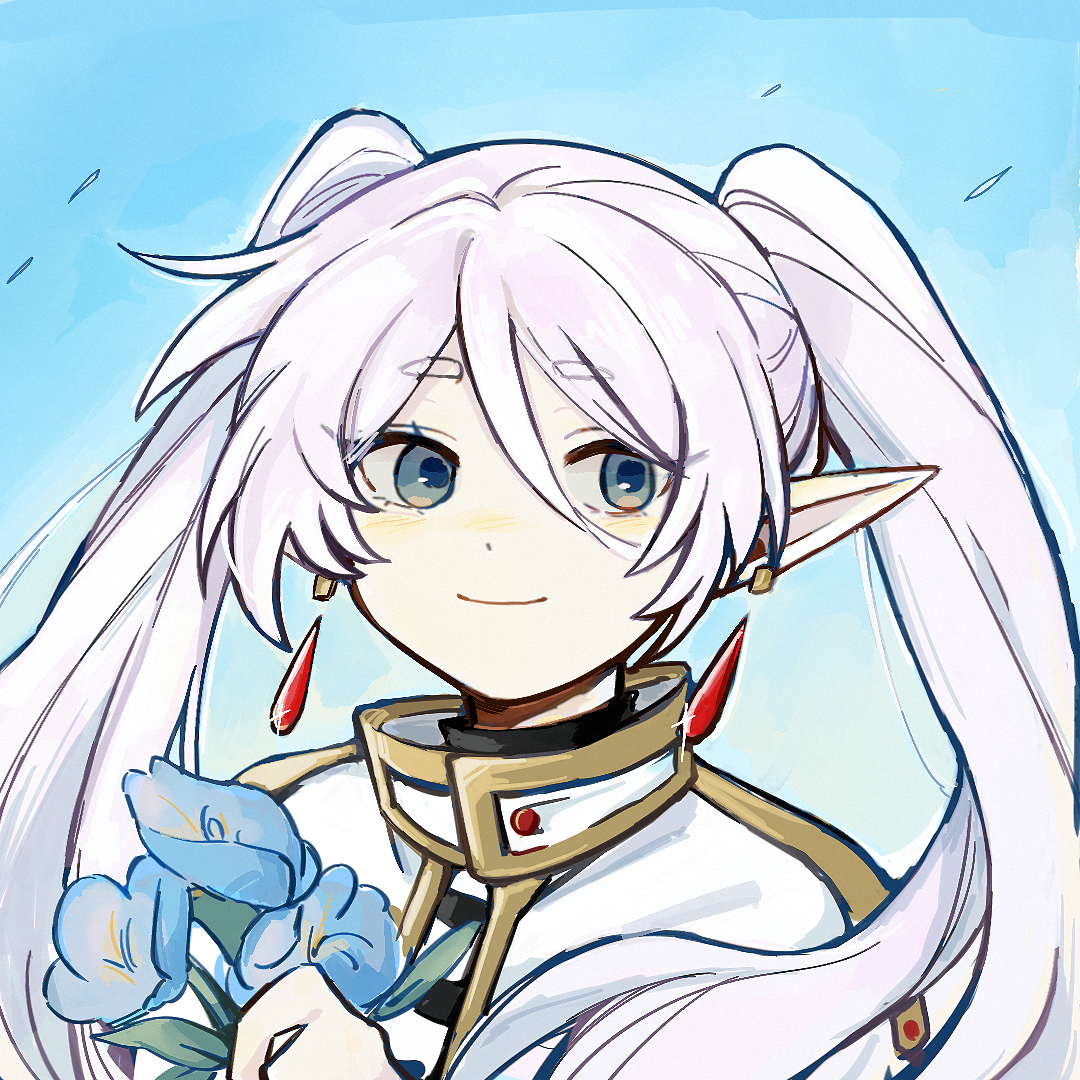 gongs0313, frieren, sousou no frieren, chinese commentary, commentary request, 1girl, blue flower, blue sky, closed mouth, day, double-parted bangs, earrings, elf, eyes visible through hair, flower, gold trim, grey eyes, hair between eyes, hand up, holding, holding flower, jacket, jewelry, long hair, looking at viewer, outdoors, pale skin, pointy ears, portrait, simple background, sky, smile, solo, teardrop earrings, twintails, very long hair, white hair, white jacket