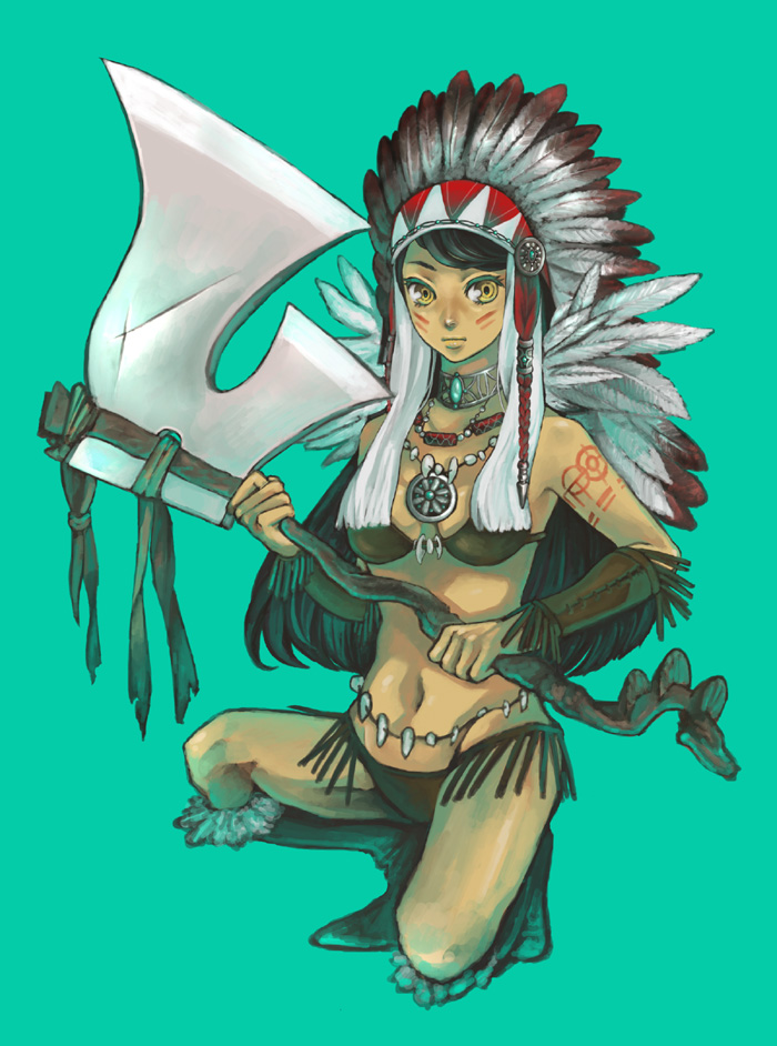 noja, original, 1girl, axe, bad anatomy, beads, bikini, black hair, boots, choker, dark-skinned female, dark skin, detached sleeves, feathers, female focus, fringe trim, headdress, jewelry, native american, native american headdress, on one knee, simple background, solo, squaw, swimsuit, teeth, tomahawk, tribal, warrior, weapon, yellow eyes