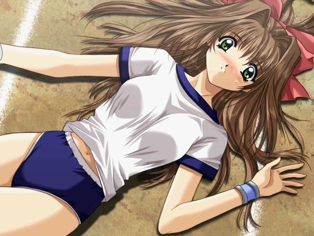 jpeg artifacts, blush, brown hair, buruma, green eyes, gym uniform, lying, navel, ribbon, solo, sweatband