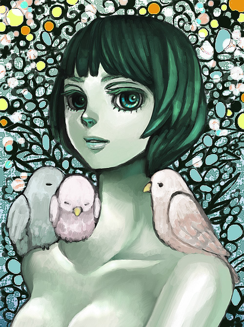 noja, original, 1girl, animal, animal on shoulder, bird, bird on shoulder, female focus, green eyes, green hair, matching hair/eyes, short hair, solo, topless female