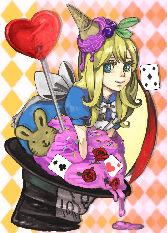 noja, alice (alice in wonderland), alice's adventures in wonderland, blonde hair, blue eyes, candy, card, dress, flower, food, food as clothes, hat, heart, ice cream, lollipop, rabbit, rose, shaped lollipop, smile, sprinkles, top hat