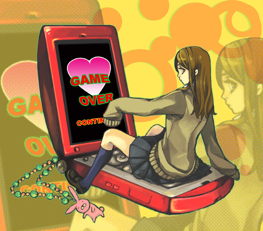 noja, original, brown eyes, brown hair, cellphone, charm (object), long sleeves, phone, rabbit, school uniform, serafuku, skirt, socks, solo, sweater