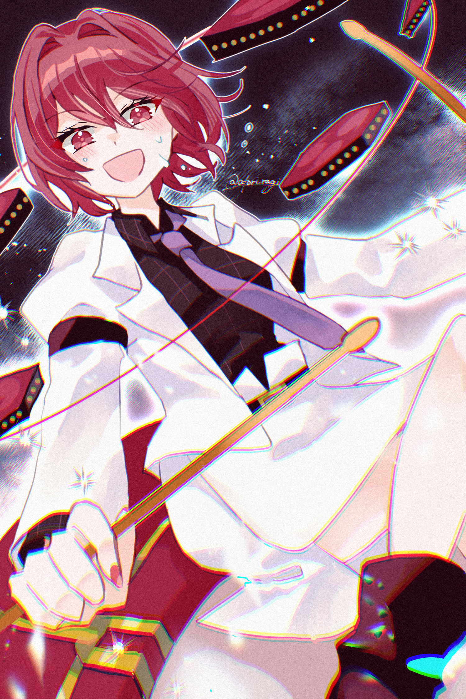 katsuragi atori, horikawa raiko, touhou, commentary request, highres, 1girl, black shirt, blush, boots, brown boots, collared shirt, crossed legs, drum, drumsticks, holding, holding drumsticks, instrument, jacket, long sleeves, looking at viewer, mitsudomoe (shape), necktie, open mouth, pink nails, plaid clothes, plaid shirt, purple necktie, red eyes, red hair, shirt, skirt, smile, solo, suit jacket, taiko drum, tomoe (symbol), twitter username, white jacket, white skirt