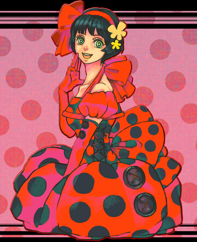 noja, original, 1girl, black hair, bow, buttons, dress, elbow gloves, female focus, gloves, green eyes, hair bow, hair ornament, hairclip, large buttons, oversized buttons, polka dot, polka dot background, polka dot dress, red gloves, short hair, smile, solo