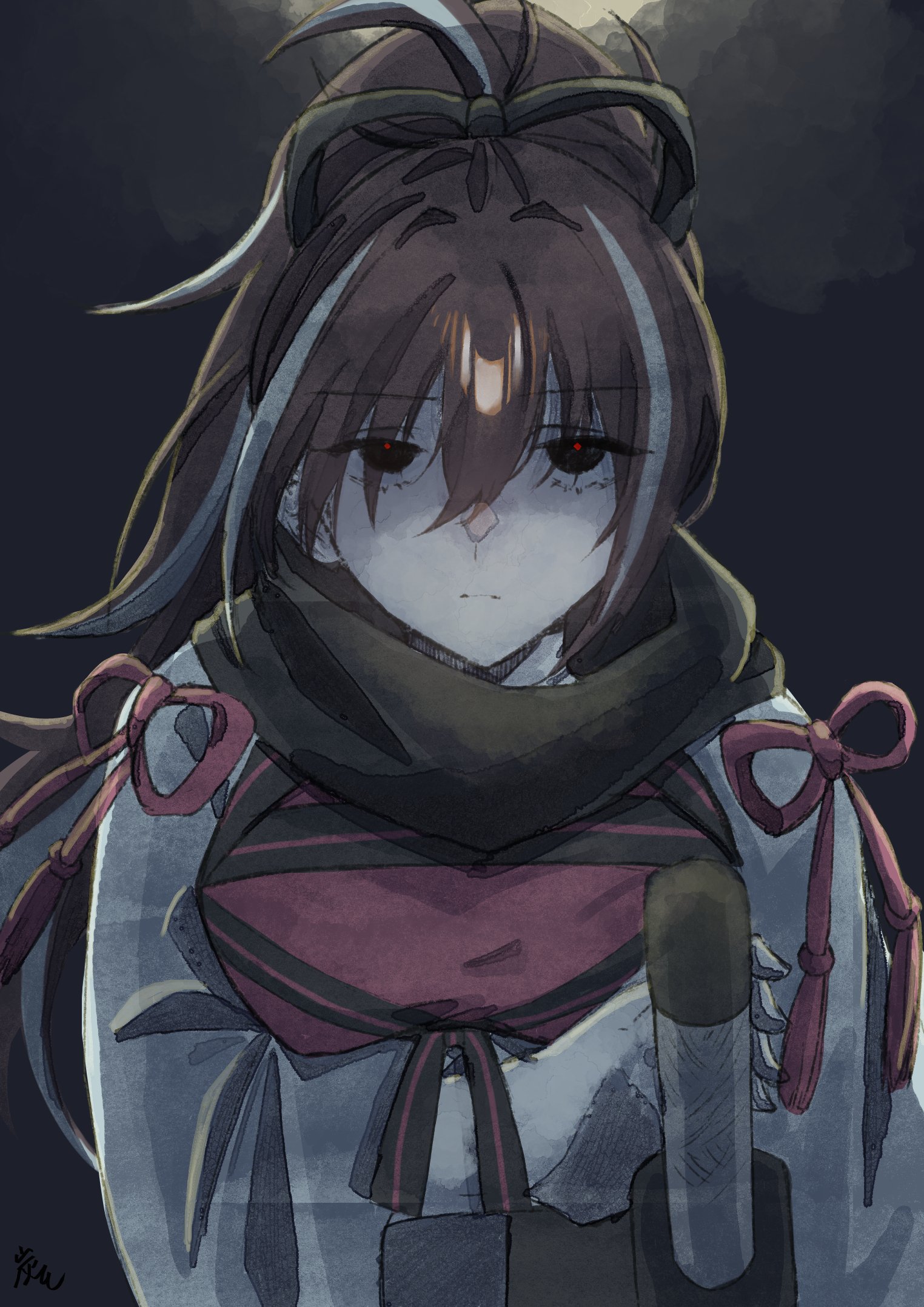 pon-de-c2, kawakami gensai (fate), fate/grand order, fate (series), highres, 1girl, black eyes, black hair, black scarf, expressionless, japanese clothes, long hair, looking at viewer, multicolored hair, ponytail, scarf, signature, solo, sword, upper body, weapon, white hair