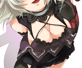 paru (artist), paru (echoes), shino (.hack//), shino (.hack//g.u.), .hack//, .hack//g.u., .hack//games, bandai, cyber connect 2, silver hair, lowres, 00s, 1girl, breasts, cleavage, close-up, female focus, head out of frame, open mouth, short hair, skirt, solo, teeth, tongue
