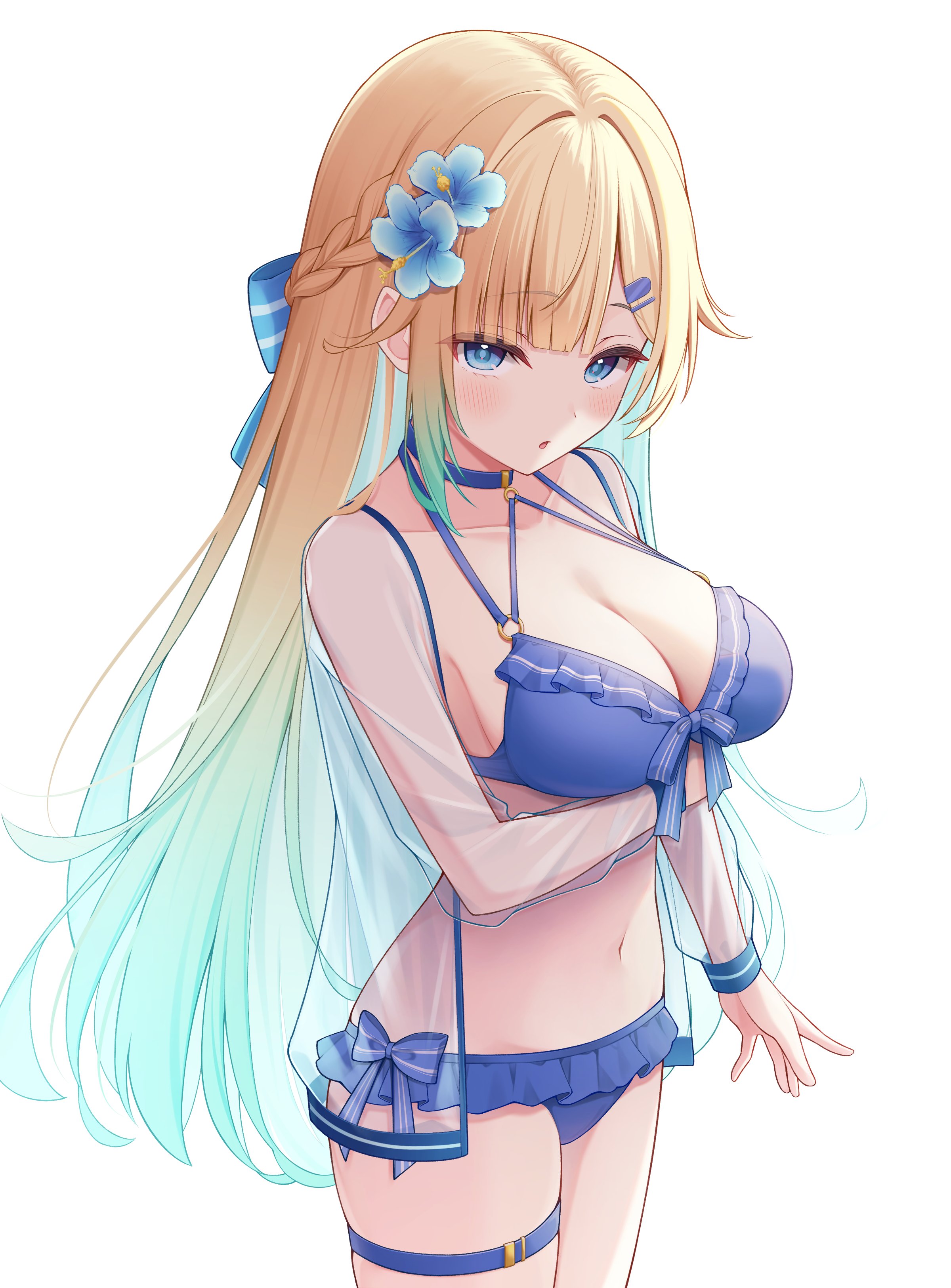 puni (yuuki-0215), aizawa ema, vspo!, absurdres, commentary request, highres, 1girl, aqua hair, bikini, blonde hair, blue bikini, blue eyes, blue ribbon, breasts, cleavage, cowboy shot, flower, gradient hair, hair flower, hair ornament, hair ribbon, jacket, large breasts, long hair, looking at viewer, multicolored hair, navel, open clothes, open jacket, ribbon, see-through clothes, see-through jacket, simple background, solo, swimsuit, thigh strap, virtual youtuber, white background, white flower