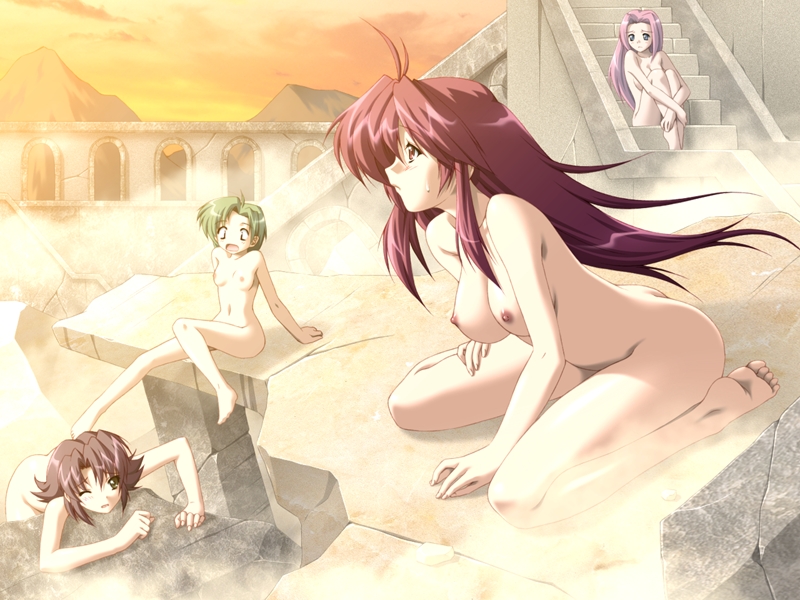 kazuma muramasa, raidy, sudia, ikazuchi no senshi raidy, zyx, game cg, 4girls, barefoot, breasts, brown hair, green hair, holy, large breasts, long hair, multiple girls, nipples, nude, one eye closed, pink hair, red eyes, red hair, ruins, short hair, sitting, steam, sunset, wink