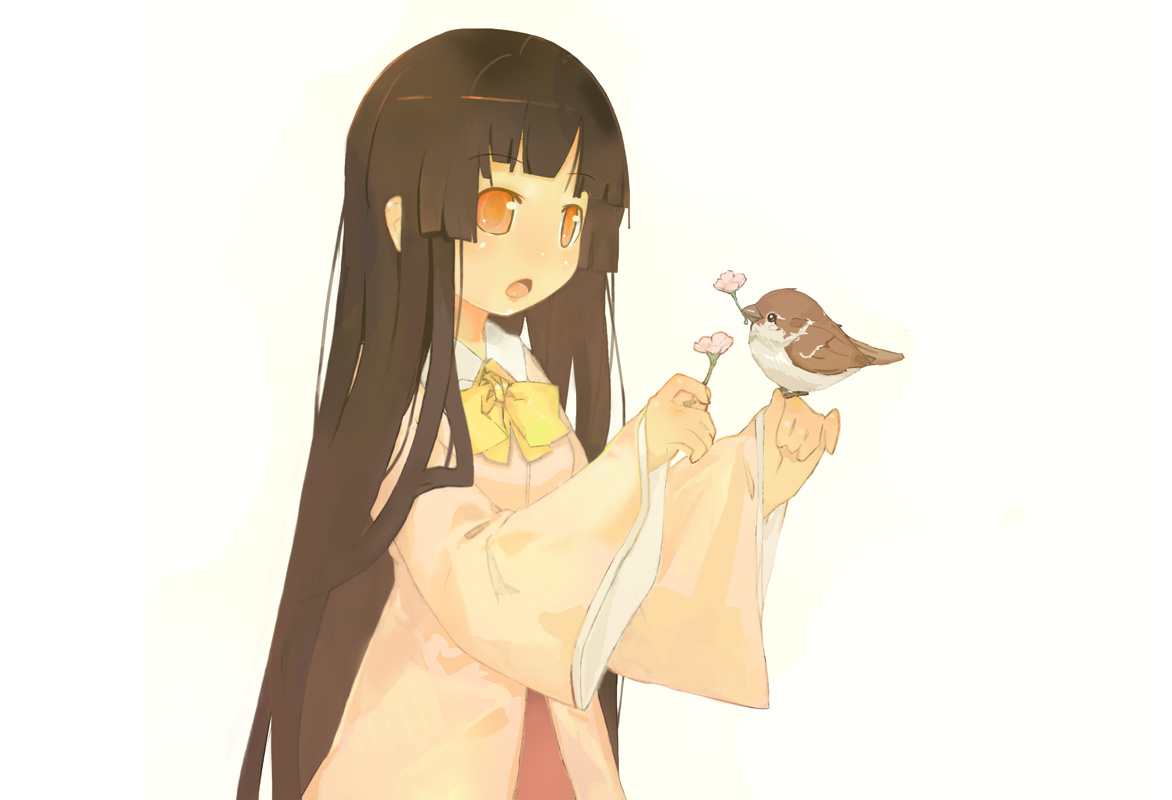 shirohanamame taichou, houraisan kaguya, touhou, 1girl, bird, bird on hand, female focus, flower, japanese clothes, long hair, open mouth, shirohanamametaichou, solo, sparrow, sparrow (bird), very long hair
