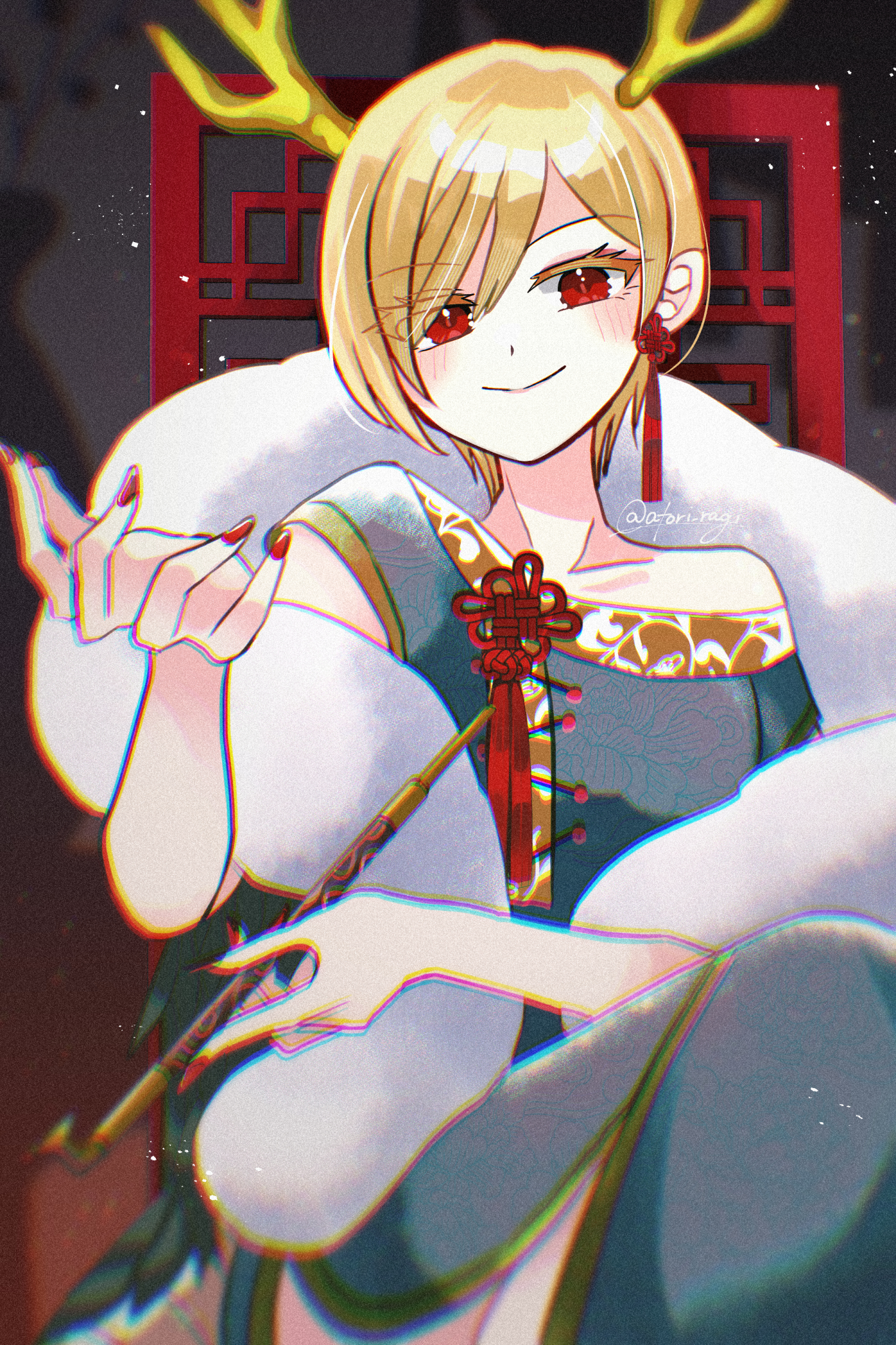 katsuragi atori, kicchou yachie, touhou, commentary request, highres, 1girl, alternate costume, antlers, blonde hair, blue dress, blurry, blush, china dress, chinese clothes, closed mouth, collarbone, dragon girl, dragon horns, dragon tail, dress, earrings, green scales, holding, holding smoking pipe, horns, jewelry, kiseru, looking at viewer, red eyes, red nails, short hair, short sleeves, side slit, smile, smoking pipe, solo, tail, turtle shell, twitter username, yellow horns