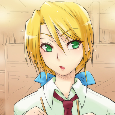 hairu, kuroi nanako, lucky star, lowres, 00s, 1girl, blonde hair, female focus, green eyes, necktie, open mouth, ribbon, solo, teacher