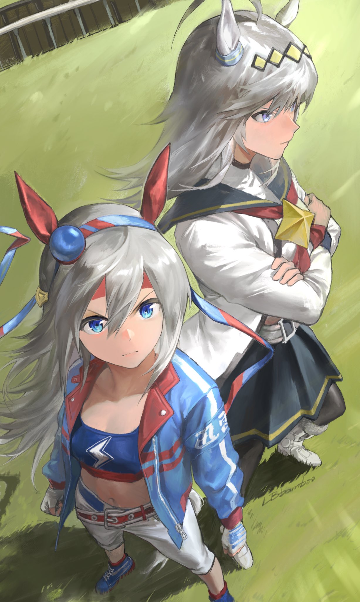 oguri cap (starlight beat) (umamusume), oguri cap (umamusume), tamamo cross (umamusume), tamamo cross (with lightning speed) (umamusume), umamusume, highres, 2girls, ahoge, animal ears, belt, blue eyes, blue hairband, blue jacket, blue sailor collar, blue skirt, blue sports bra, breasts, brooch, closed mouth, crop top, crossed arms, ear covers, ear ornament, fence, fingerless gloves, gloves, grass, grey hair, grey tail, hair between eyes, hair ornament, hairband, headband, horse ears, horse girl, horse tail, jacket, jewelry, lightning bolt print, lightning bolt symbol, long hair, long sleeves, midriff, multicolored hair, multiple girls, navel, neckerchief, outdoors, pants, pantyhose, pleated skirt, red belt, red headband, red neckerchief, sailor collar, shirt, shoes, skirt, sports bra, star brooch, striped clothes, striped hairband, tail, very long hair, white jacket, white pants, white shirt, xrxlbbamboo