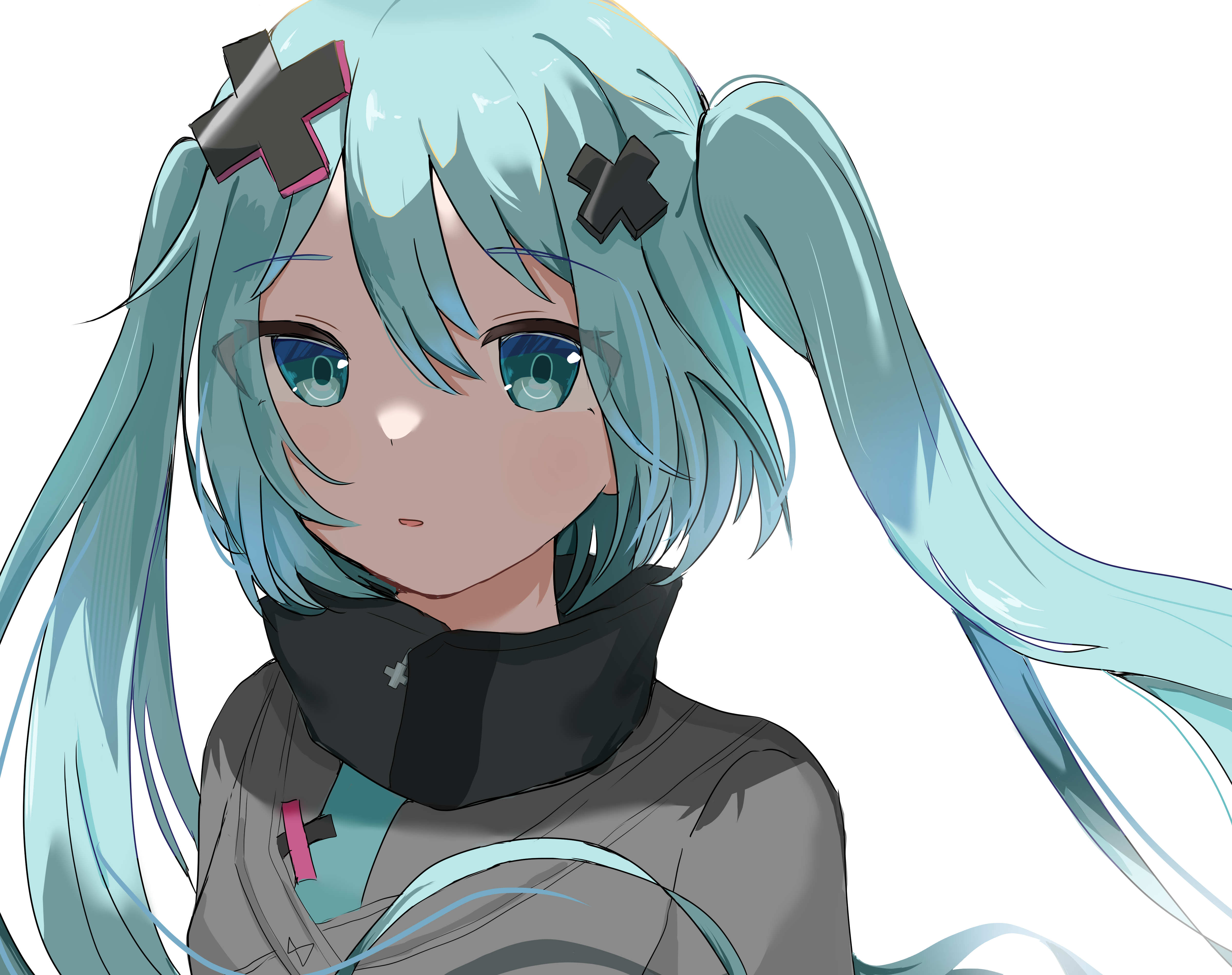 hahenneko, batsu miku, hatsune miku, kowareta sekai to utaenai miku, project sekai, vocaloid, absurdres, highres, 1girl, aqua eyes, aqua hair, grey jacket, hair between eyes, hair ornament, jacket, long hair, looking at viewer, open mouth, simple background, solo, turtleneck, turtleneck jacket, upper body, very long hair, white background, x hair ornament