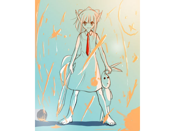 chachazero, mahou sensei negima!, 00s, 1girl, android, blonde hair, blue theme, female focus, full body, looking at viewer, monochrome, necktie, red necktie, short hair, solo, spot color, standing, stuffed animal, stuffed toy, weapon