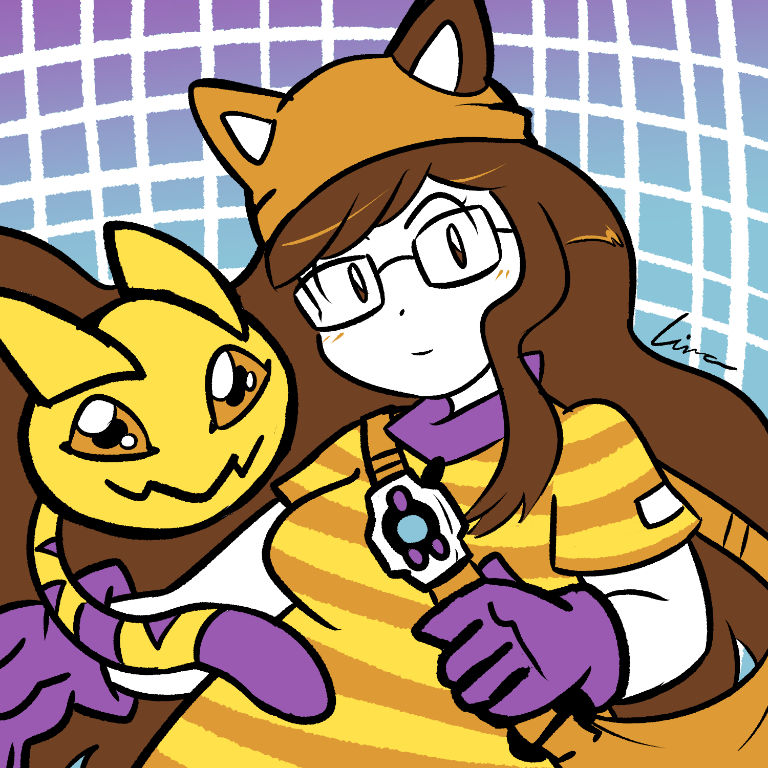lina-ciari, nyaromon, digimon, 1girl, digimon (creature), digivice, glasses, gloves, looking at viewer, smile, tail