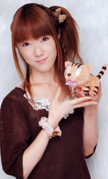 aisaka taiga, kugimiya rie, palmtop tiger, real life, toradora!, photo (medium), 00s, 1girl, female focus, solo, stuffed animal, stuffed tiger, stuffed toy, tiger, voice actor, voice actor connection