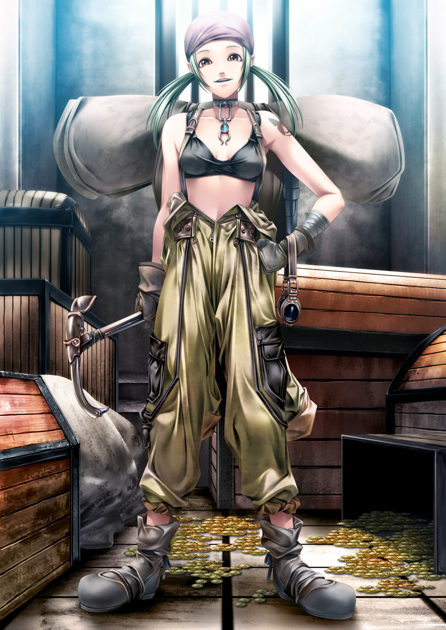 rezi, original, bad id, bad pixiv id, highres, 1girl, bandana, brown eyes, choker, coin, female focus, gold, green hair, long hair, pectorals, pickaxe, solo, tank top, tattoo, treasure chest, twintails