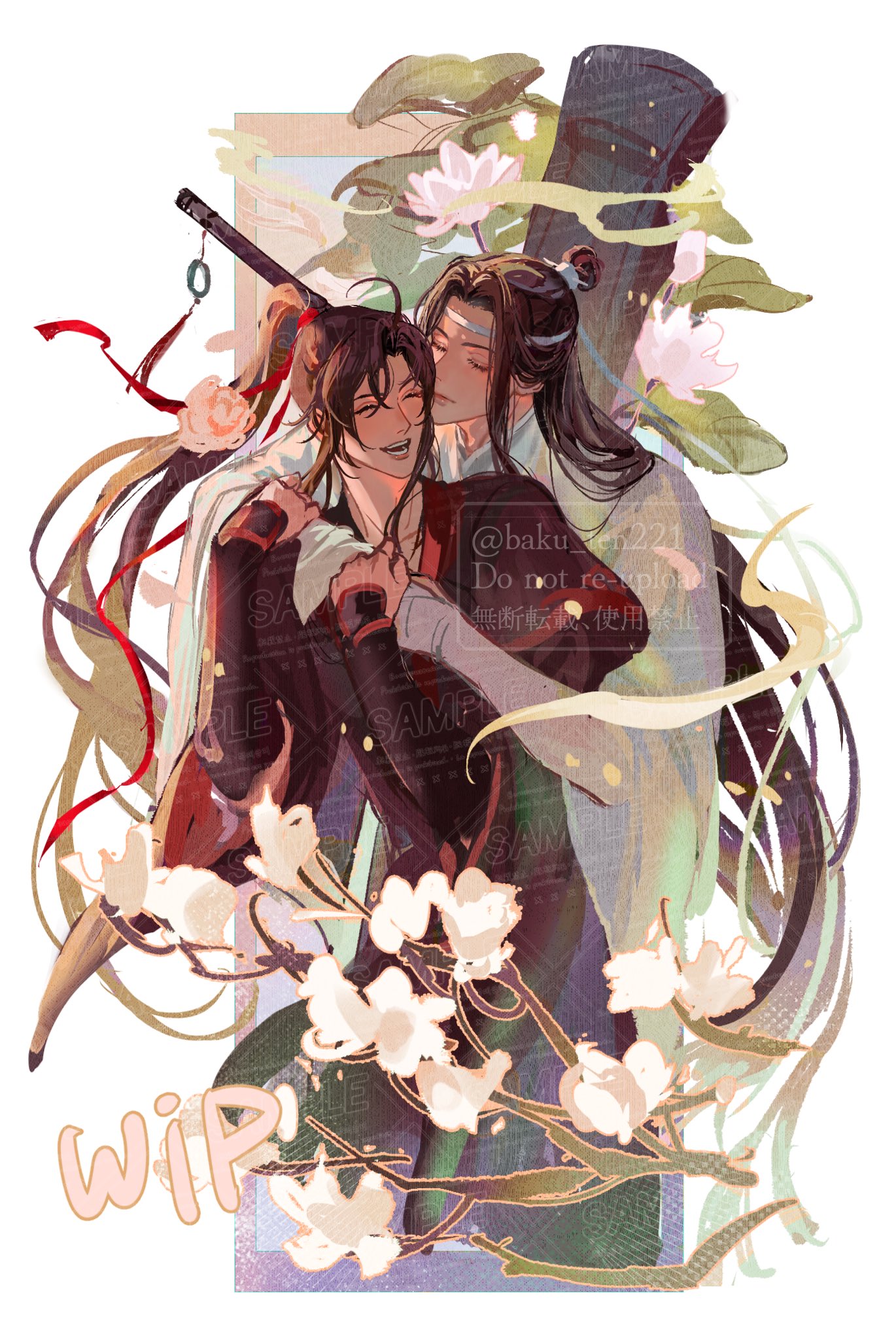 lan wangji, wei wuxian, modao zushi, highres, 2boys, ahoge, artist name, baku ten221, bishounen, black hair, black hanfu, branch, brown hair, chenqing flute, chinese clothes, closed eyes, closed mouth, colored smoke, couple, dizi, flower, flute, flute tassel, guqin, hair ribbon, hanfu, headband, high ponytail, holding another's arm, hug, hug from behind, instrument, instrument on back, kiss, kissing cheek, light particles, long hair, long sleeves, lotus, lotus leaf, male focus, multiple boys, open mouth, pink flower, ponytail, red ribbon, ribbon, robe, sample watermark, sidelocks, simple background, smile, smoke, standing, tassel, topknot, transverse flute, twitter username, upper body, very long hair, wangji guqin, watermark, watermark grid, white background, white flower, white hanfu, white headband, wide sleeves, xiao guan (headdress), yaoi