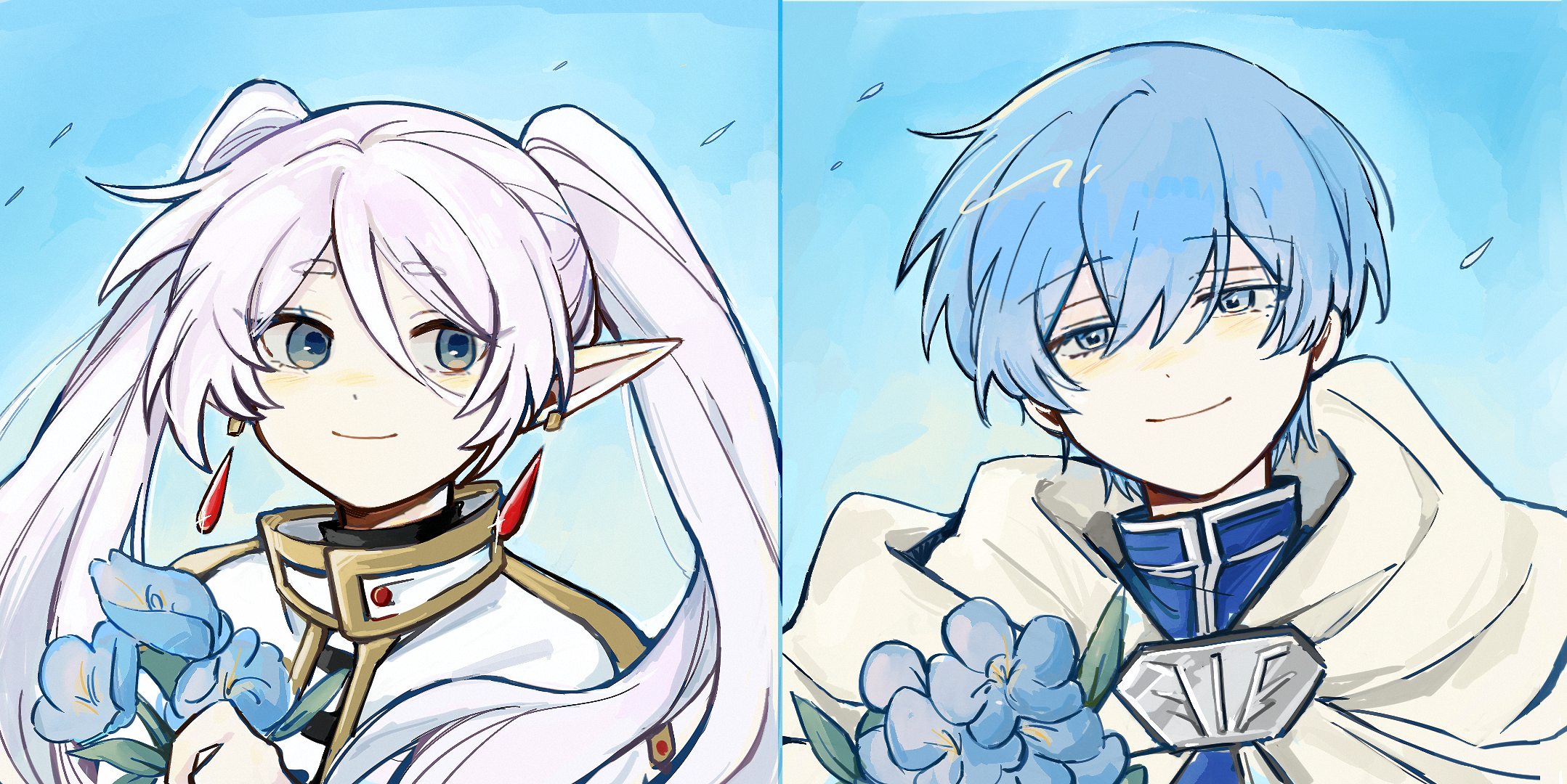 gongs0313, frieren, himmel (sousou no frieren), sousou no frieren, chinese commentary, commentary request, highres, 1boy, 1girl, black shirt, blue eyes, blue flower, blue hair, blue sky, capelet, cloak, closed mouth, double-parted bangs, earrings, elf, floating earrings, flower, gold trim, green eyes, hair between eyes, head tilt, high collar, holding, holding flower, jewelry, long hair, looking at viewer, mole, mole under eye, pale skin, parted bangs, pointy ears, shirt, simple background, sky, smile, striped clothes, striped shirt, twintails, white capelet, white cloak, white hair, white shirt