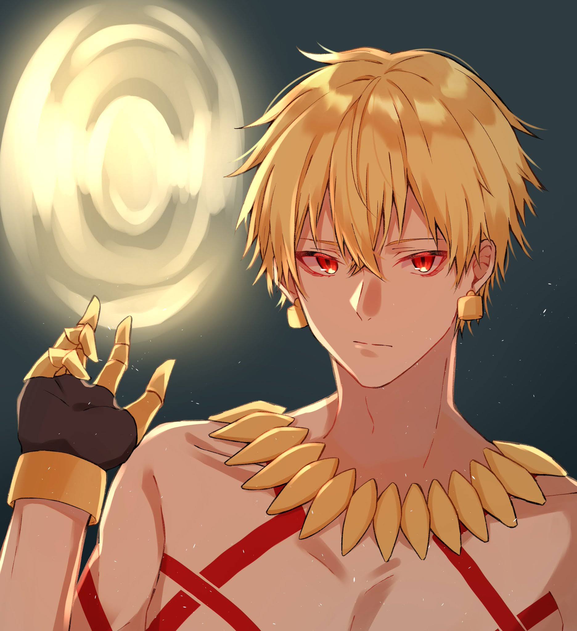 yunoji (onigiri yumi09), gilgamesh (fate), fate/grand order, fate (series), highres, 1boy, black gloves, blonde hair, body markings, bracelet, closed mouth, crossed bangs, dark background, earrings, gloves, gold bracelet, gold earrings, gold necklace, hair between eyes, hand up, jewelry, looking at viewer, male focus, necklace, red eyes, short hair, simple background, solo, topless male, upper body