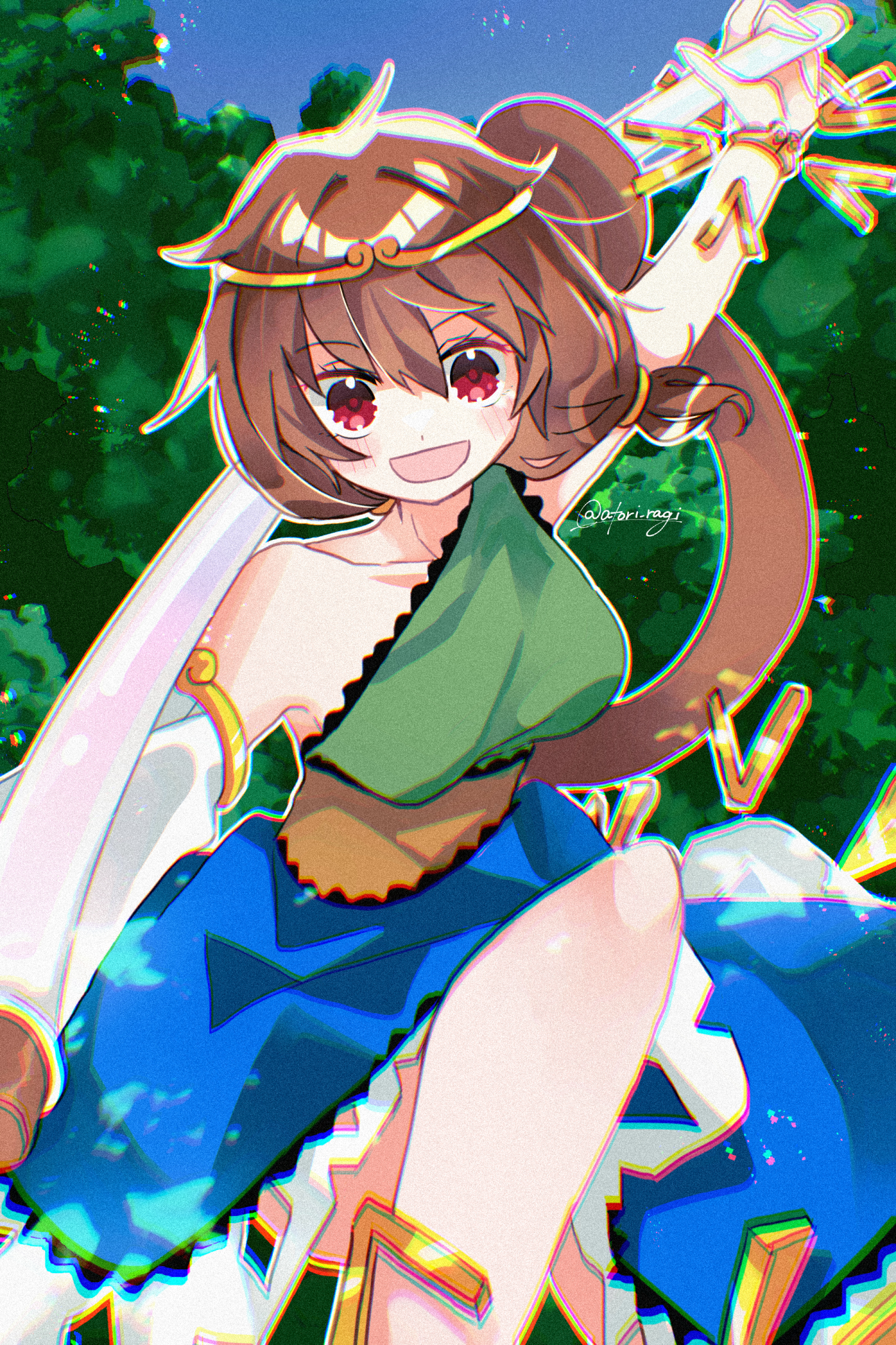 katsuragi atori, son biten, touhou, commentary request, highres, 1girl, blue dress, bo staff, brown hair, circlet, collarbone, detached sleeves, dress, green dress, looking at viewer, monkey girl, monkey tail, multicolored dress, open mouth, ruyi jingu bang, single-shoulder dress, single detached sleeve, smile, solo, tail, tail wrap, white sleeves, yellow dress