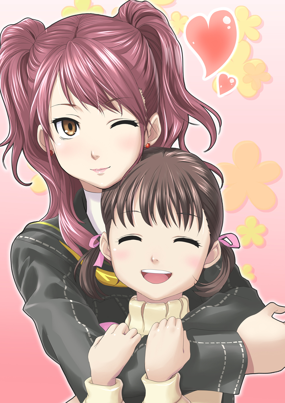 g-tetsu, doujima nanako, kujikawa rise, atlus, persona, persona 4, highres, 2girls, ;), black serafuku, blush, brown eyes, brown hair, heart, height difference, long sleeves, looking at viewer, multiple girls, one eye closed, red hair, school uniform, serafuku, smile, twintails, yuri