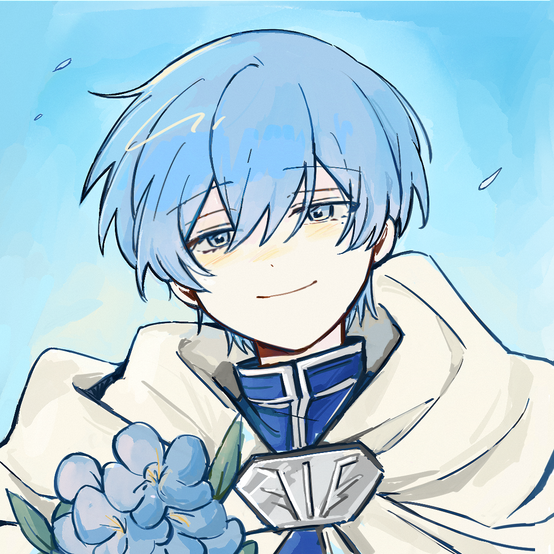 gongs0313, himmel (sousou no frieren), sousou no frieren, chinese commentary, commentary request, 1boy, blue flower, blue jacket, blue sky, capelet, closed mouth, day, double-parted bangs, flower, grey trim, hair between eyes, jacket, leaf, looking at viewer, male focus, outdoors, pale skin, portrait, short hair, simple background, sky, smile, solo, turtleneck, turtleneck jacket, white capelet