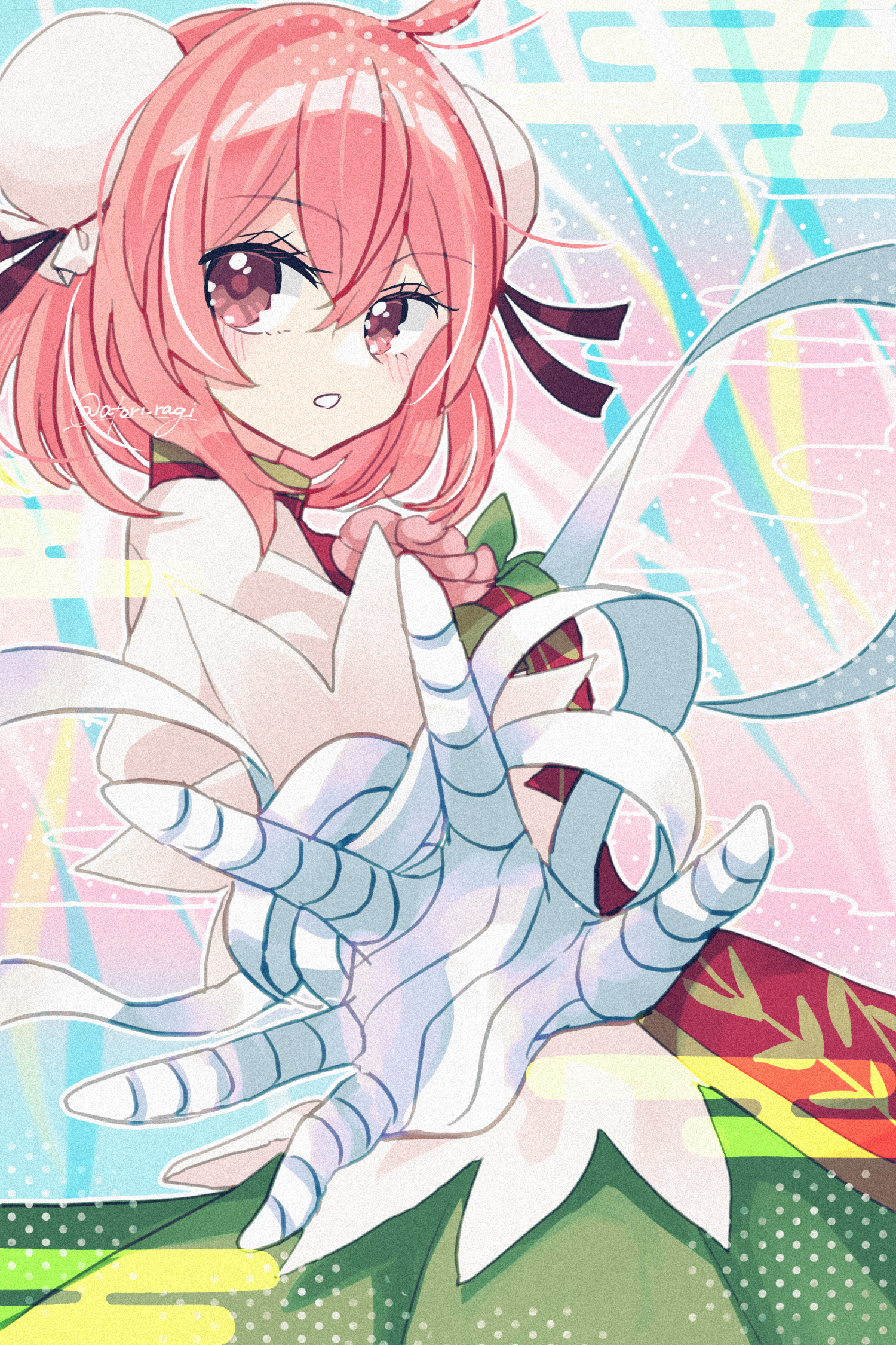 katsuragi atori, ibaraki kasen, touhou, commentary request, highres, 1girl, bandaged arm, bandages, blush, breasts, bun cover, double bun, egasumi, flower, hair bun, looking at viewer, pink eyes, pink flower, pink hair, pink rose, red tabard, rose, shirt, solo, tabard, twitter username, vine print, white shirt