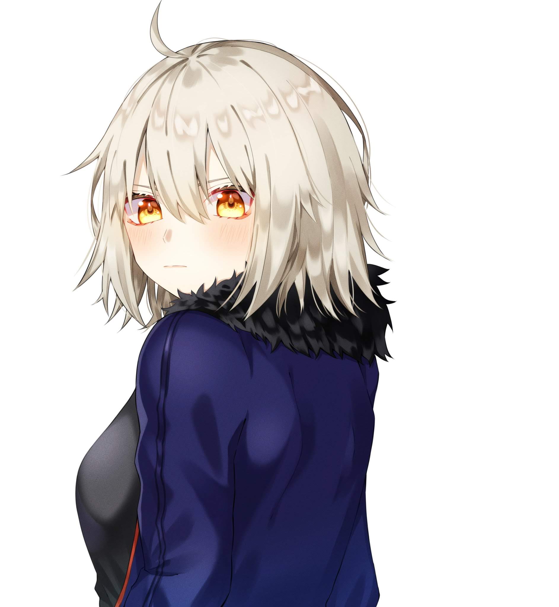 yunoji (onigiri yumi09), jeanne d'arc alter (avenger) (fate), jeanne d'arc alter (fate), jeanne d'arc alter (ver. shinjuku 1999) (fate), fate/grand order, fate (series), highres, 1girl, ahoge, black dress, blush, breasts, closed mouth, coat, dress, from side, fur-trimmed coat, fur trim, hair between eyes, long sleeves, looking at viewer, medium breasts, open clothes, open coat, purple coat, short hair, simple background, solo, upper body, white background, white hair, yellow eyes