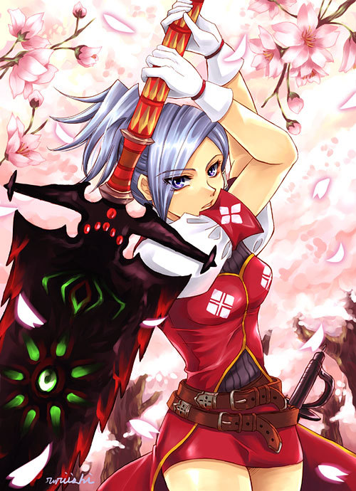 silver hair, belt, gloves, miniskirt, purple eyes, skirt, solo, sword, weapon
