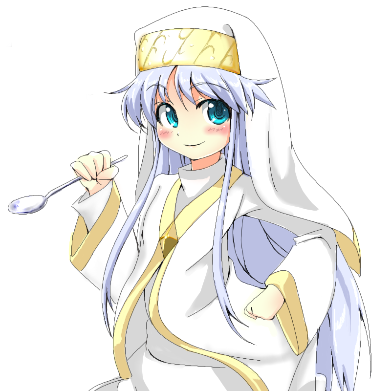 grune, haruyuki, index (toaru majutsu no index), toaru majutsu no index, eyebrows, 00s, 1girl, blue eyes, blush, female focus, holding, holding spoon, long hair, looking at viewer, nun, purple hair, robe, simple background, smile, solo, spoon, standing, white background, white robe