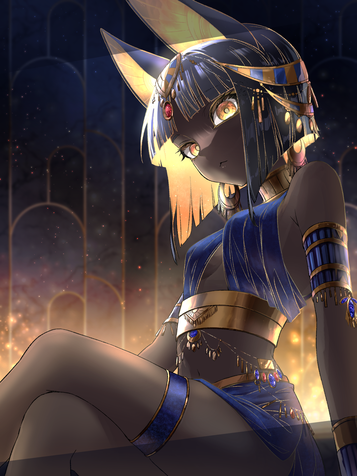 bastet (mythology), original, commentary request, headwear request, highres, 1girl, :<, ancient egyptian, ancient egyptian clothes, animal ears, armlet, black hair, blue gemstone, bracelet, breasts, cat ears, cat girl, closed mouth, crossed legs, dark-skinned female, dark skin, earrings, gem, if you want to become a godly artist (trend), jewelry, jewelry request, looking at viewer, medium breasts, nagarelyca, navel, red gemstone, short hair, sitting, solo, thighlet, very dark skin, yellow eyes
