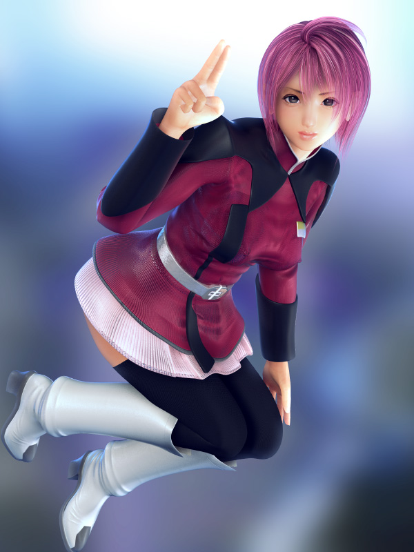 incise soul, m-rs, lunamaria hawke, gundam, gundam seed, gundam seed destiny, 00s, 1girl, 3d, black leggings, black thighhighs, boots, breasts, covered erect nipples, female focus, knee boots, leggings, medium breasts, purple eyes, purple hair, skirt, solo, thighhighs