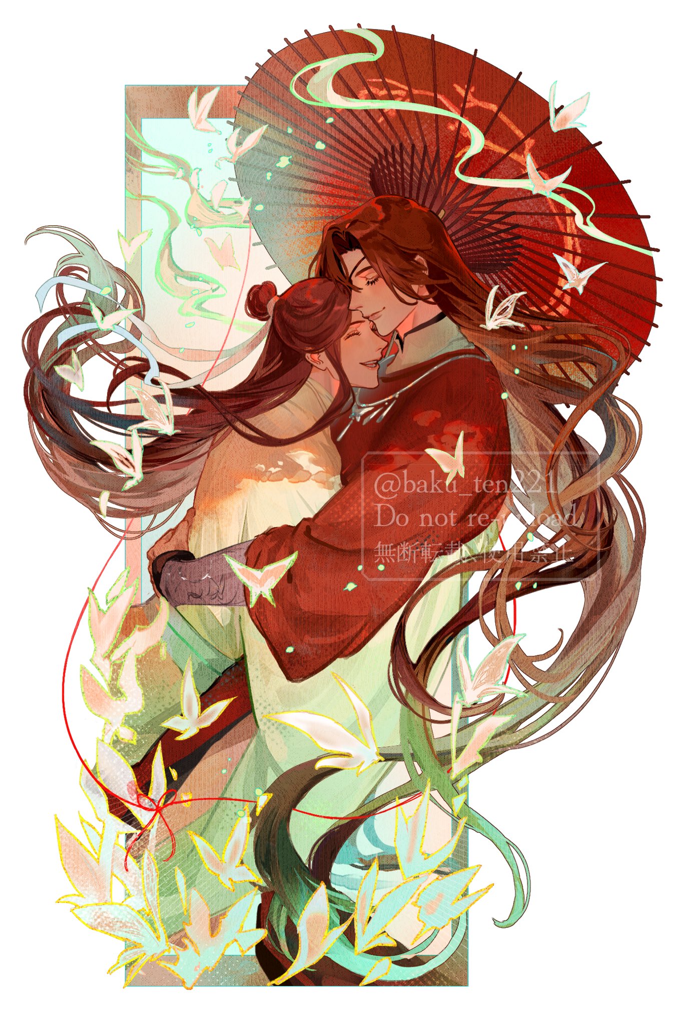 hua cheng, xie lian, tianguan cifu, silver necklace, highres, 2boys, artist name, baku ten221, bandaged neck, bandages, bishounen, black hair, black hanfu, bracelet, brown hair, bug, butterfly, butterfly necklace, chinese clothes, closed eyes, closed mouth, colored smoke, couple, eyelashes, eyepatch, floating hair, from side, glowing butterfly, grey sash, hair bun, hair ribbon, half updo, hanfu, holding, holding umbrella, hug, insect, jewelry, long hair, long sleeves, male focus, mandarin collar, multiple boys, necklace, oil-paper umbrella, one eye covered, open mouth, profile, red umbrella, ribbon, robe, shared umbrella, sidelocks, silver bracelet, simple background, single hair bun, smile, smoke, string, string of fate, twitter username, umbrella, upper body, very long hair, watermark, white background, white butterfly, white hanfu, white ribbon, wide sleeves, yaoi, yuanlingpao